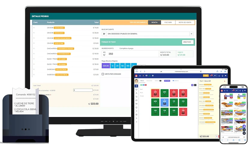 Sistema para restaurantes CPESUNAT en computadora, tablet y celular, con comanda impresa en ticketera